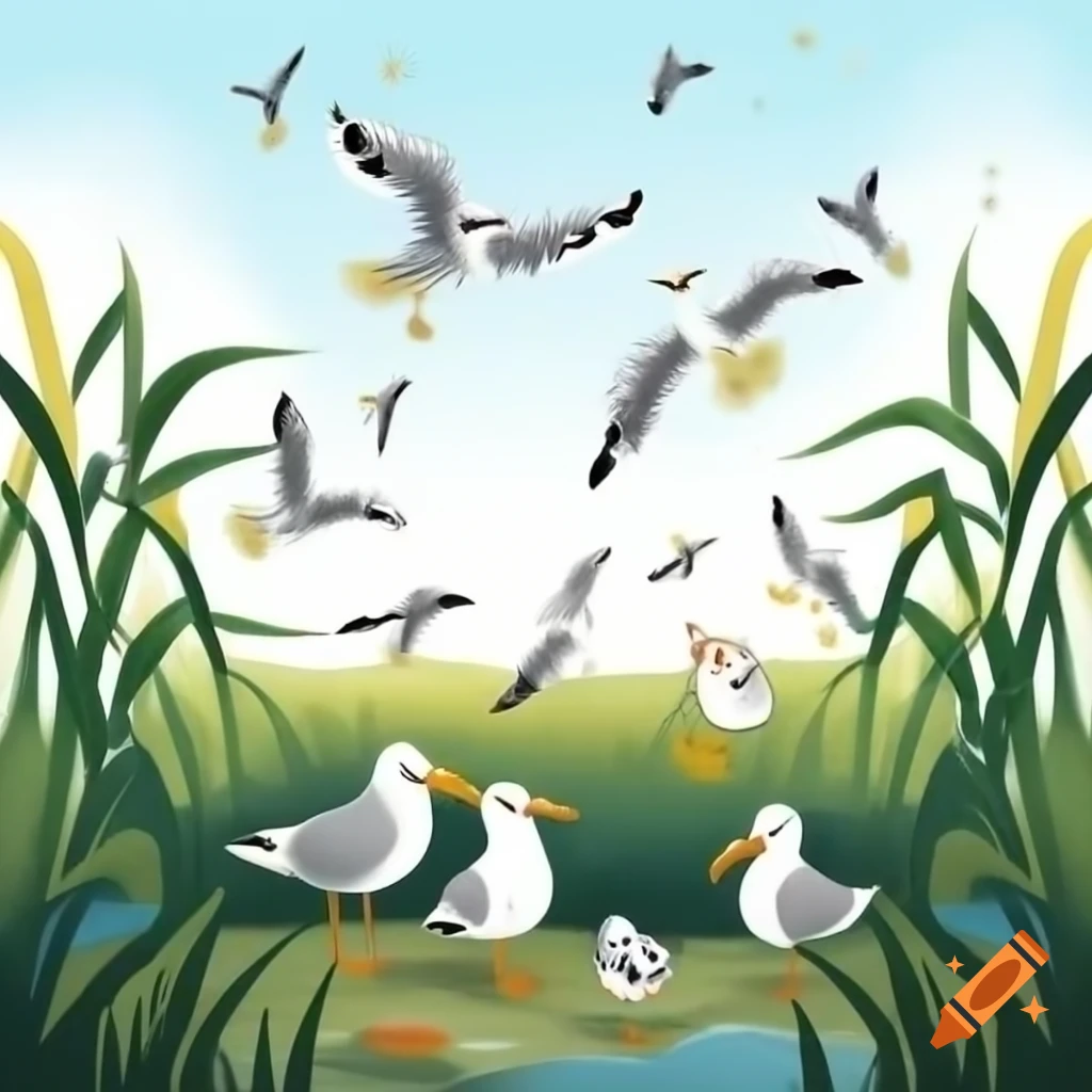 Seagulls eating grasshoppers in cornfield on hillsides