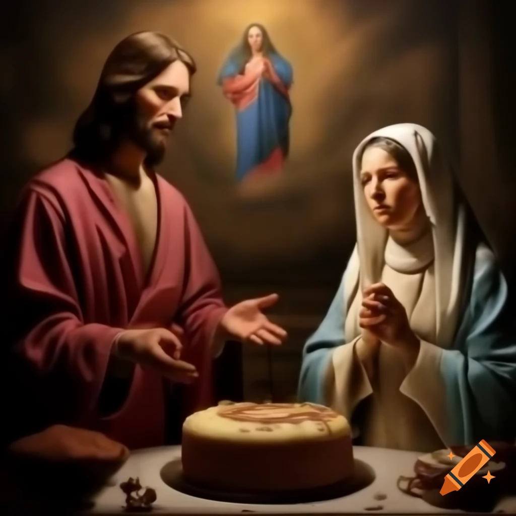 Holy family celebrating with a cake, Jesus, Joseph, and Mother Mary