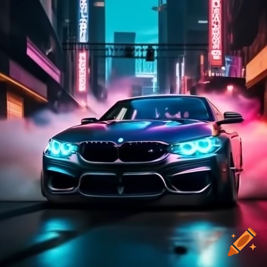 BMW M5 performing burnout and drifting in Cyberpunk neon city