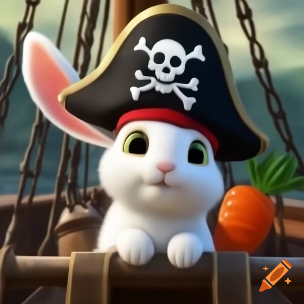 White rabbit in black pirate hat holding carrot sword on pirate ship