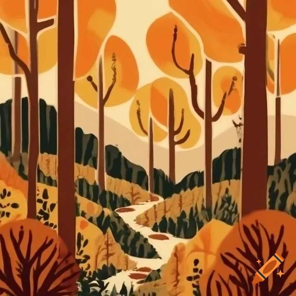 Linocut artwork of autumn forest