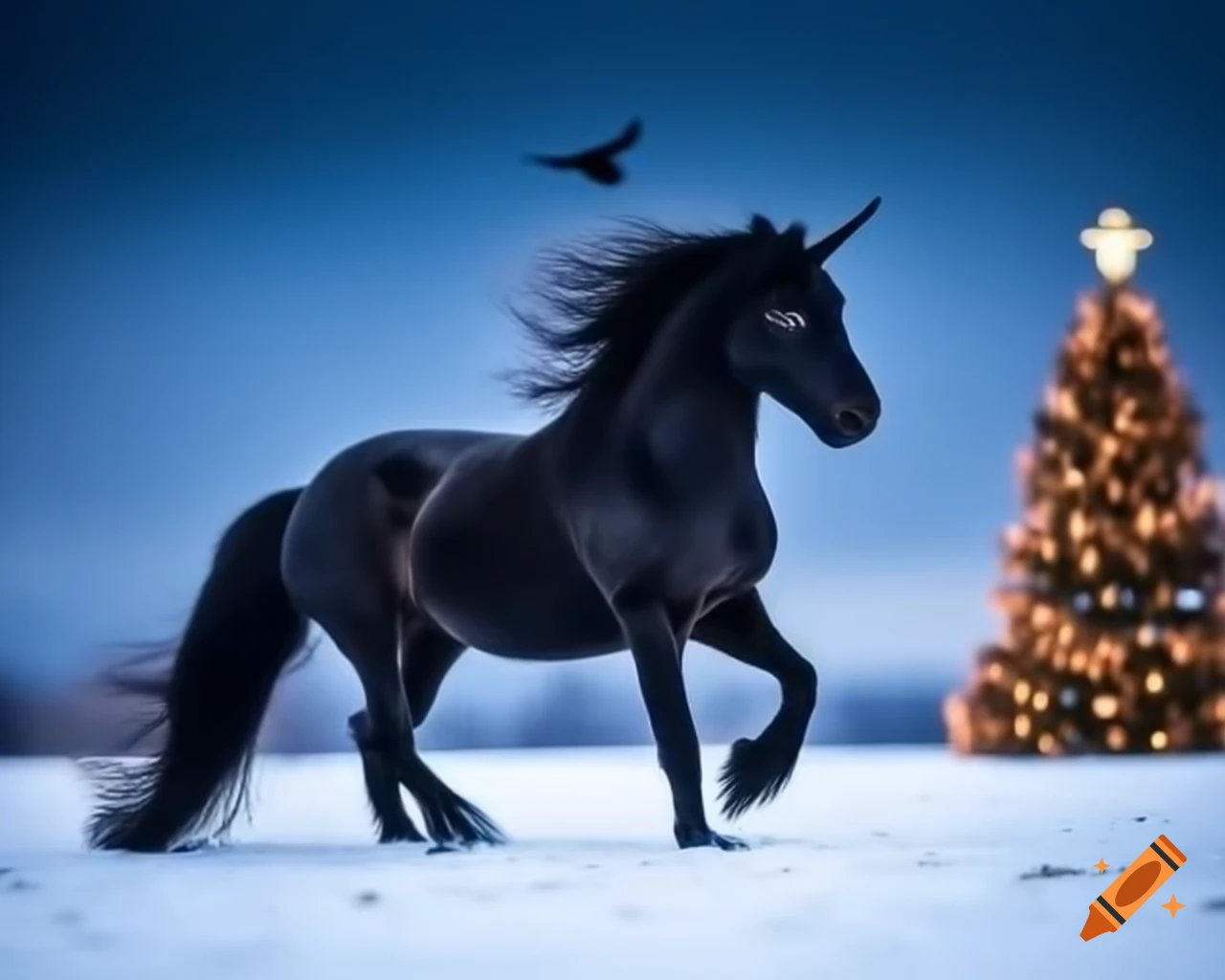Black unicorn charging across snowy field with fire at hooves and decorated Christmas tree in background