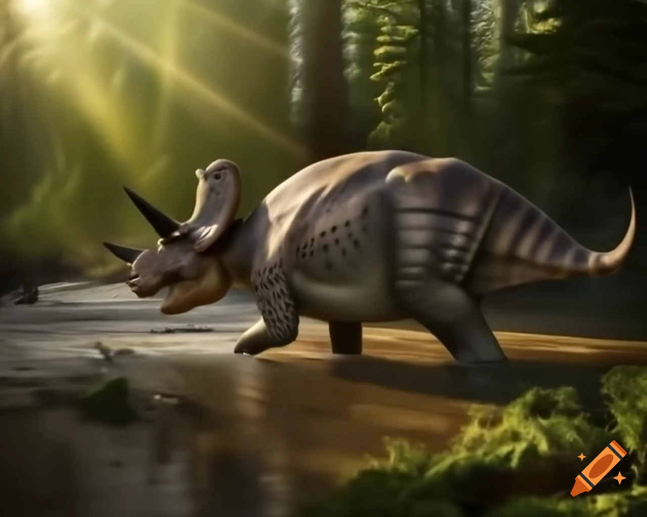 Herd of protoceratops on muddy riverbank with driftwood and ferns at golden hour