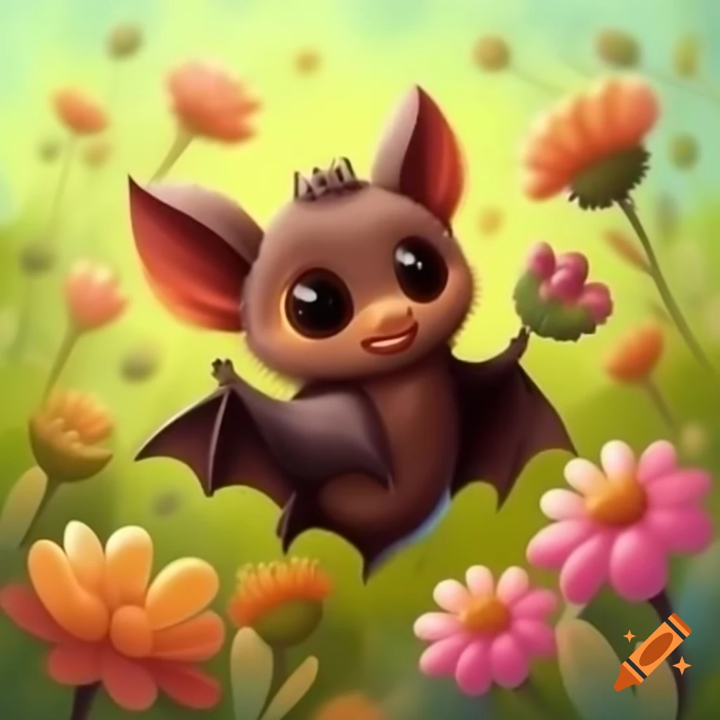Cute bat among colorful flowers in painting