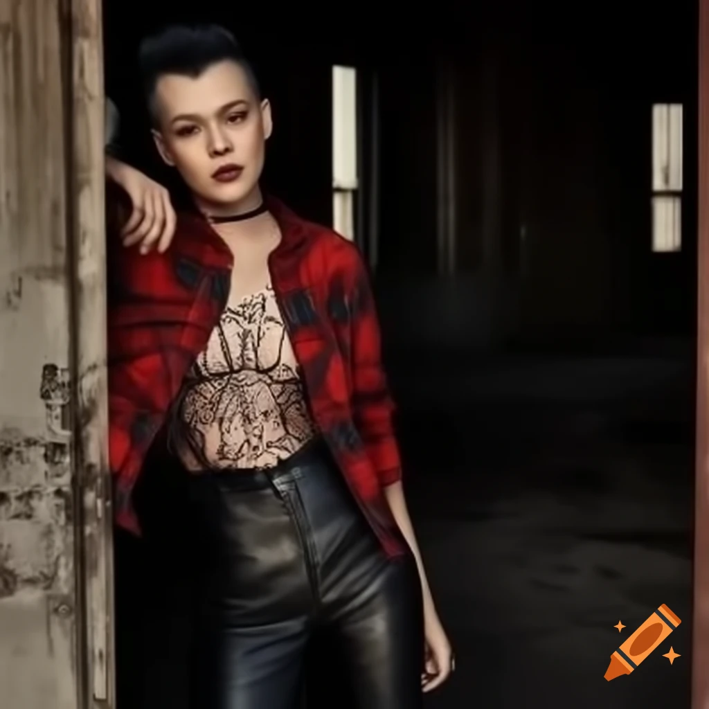 Punk-rocker with mohawk hairstyle and plaid shirt peeking through derelict building