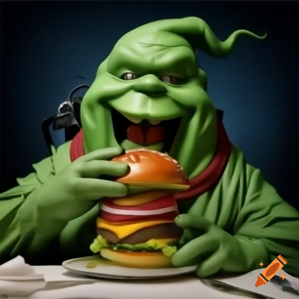 Caricature of green Slimer ghost from Ghostbusters eating a burger, realistic style