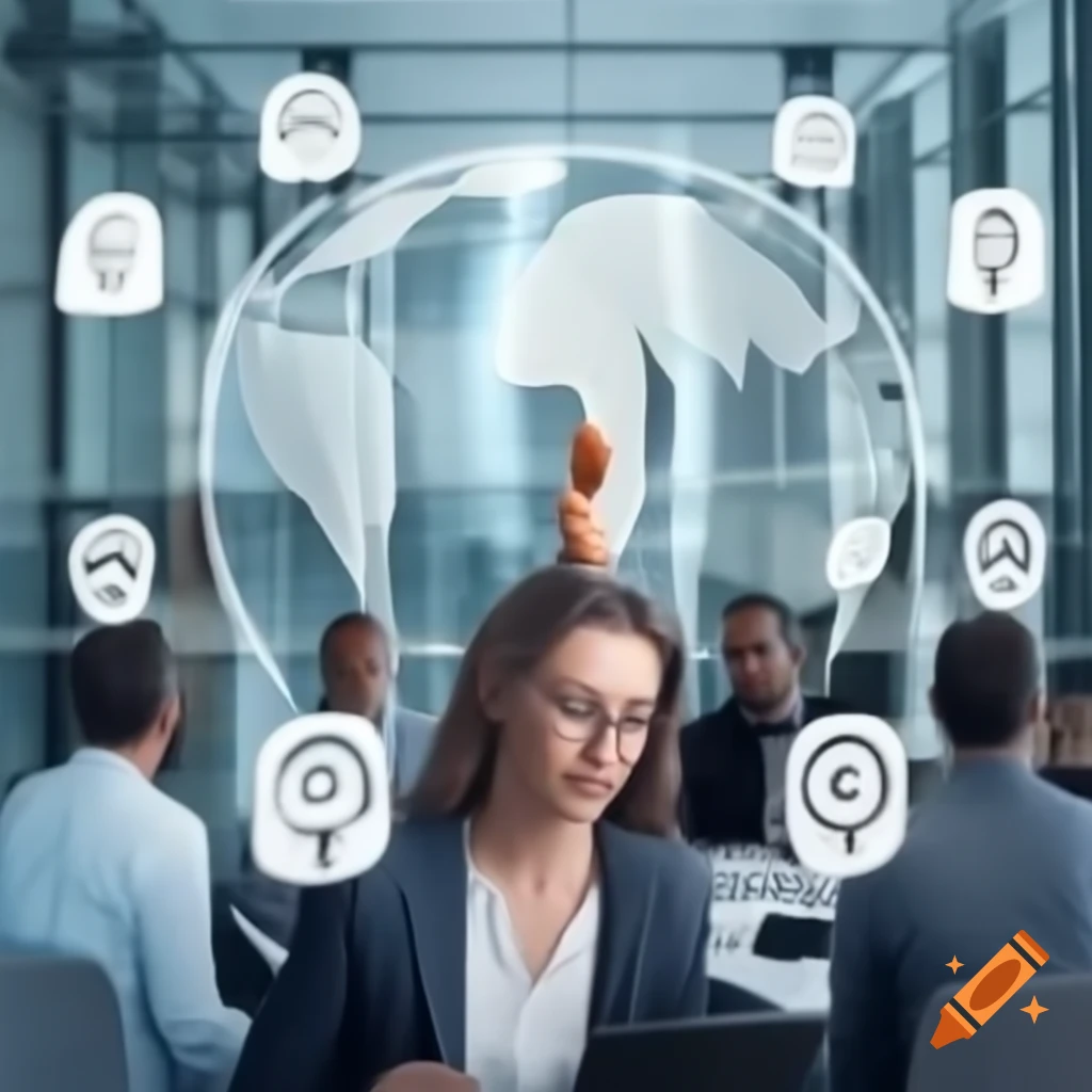 Futuristic workplace with augmented humans collaborating and sharing knowledge