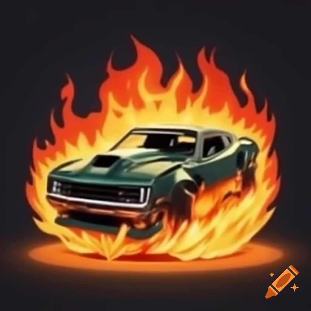Cartoon-style NFL team logo featuring a car crash on fire