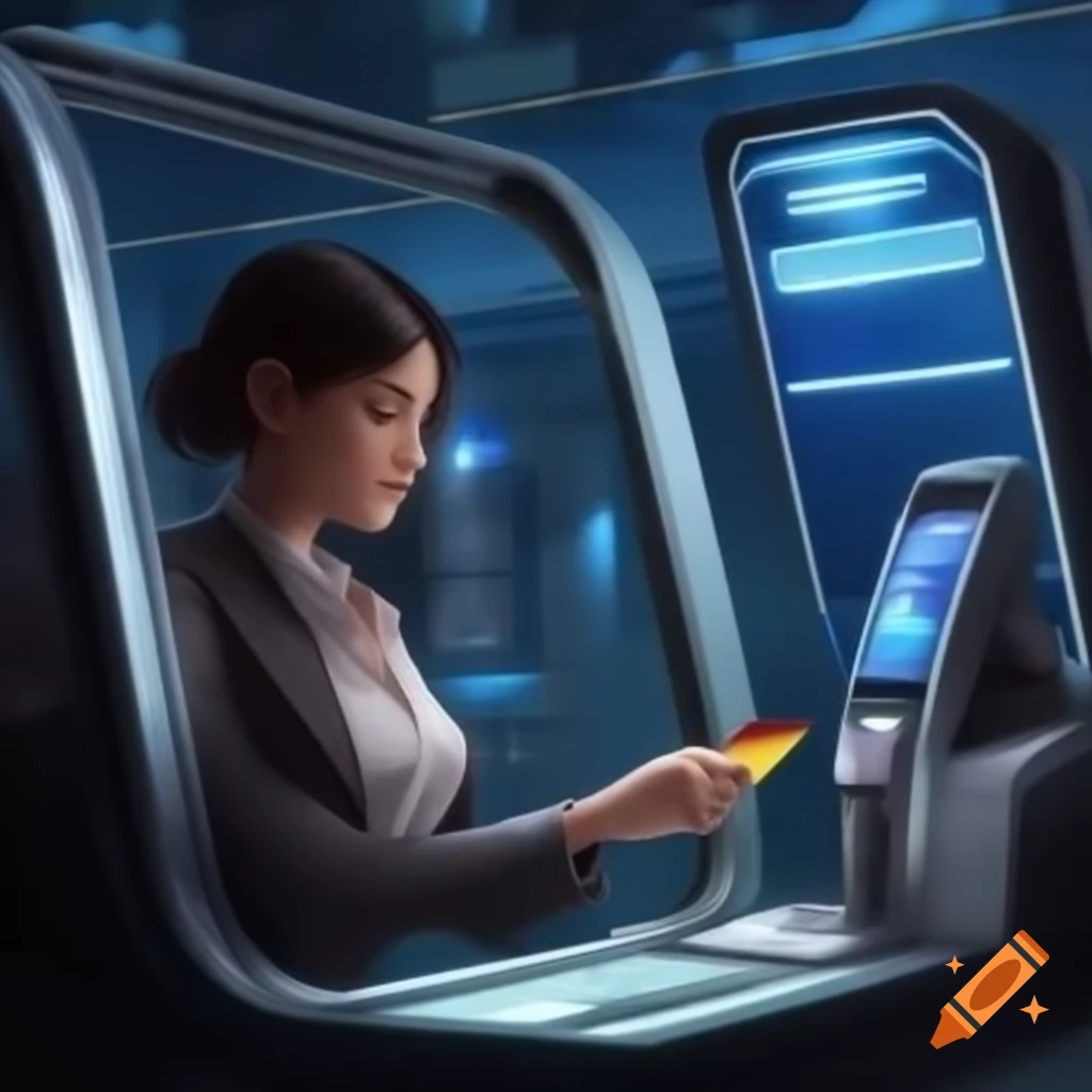 Woman using credit card at futuristic terminal in luxurious store