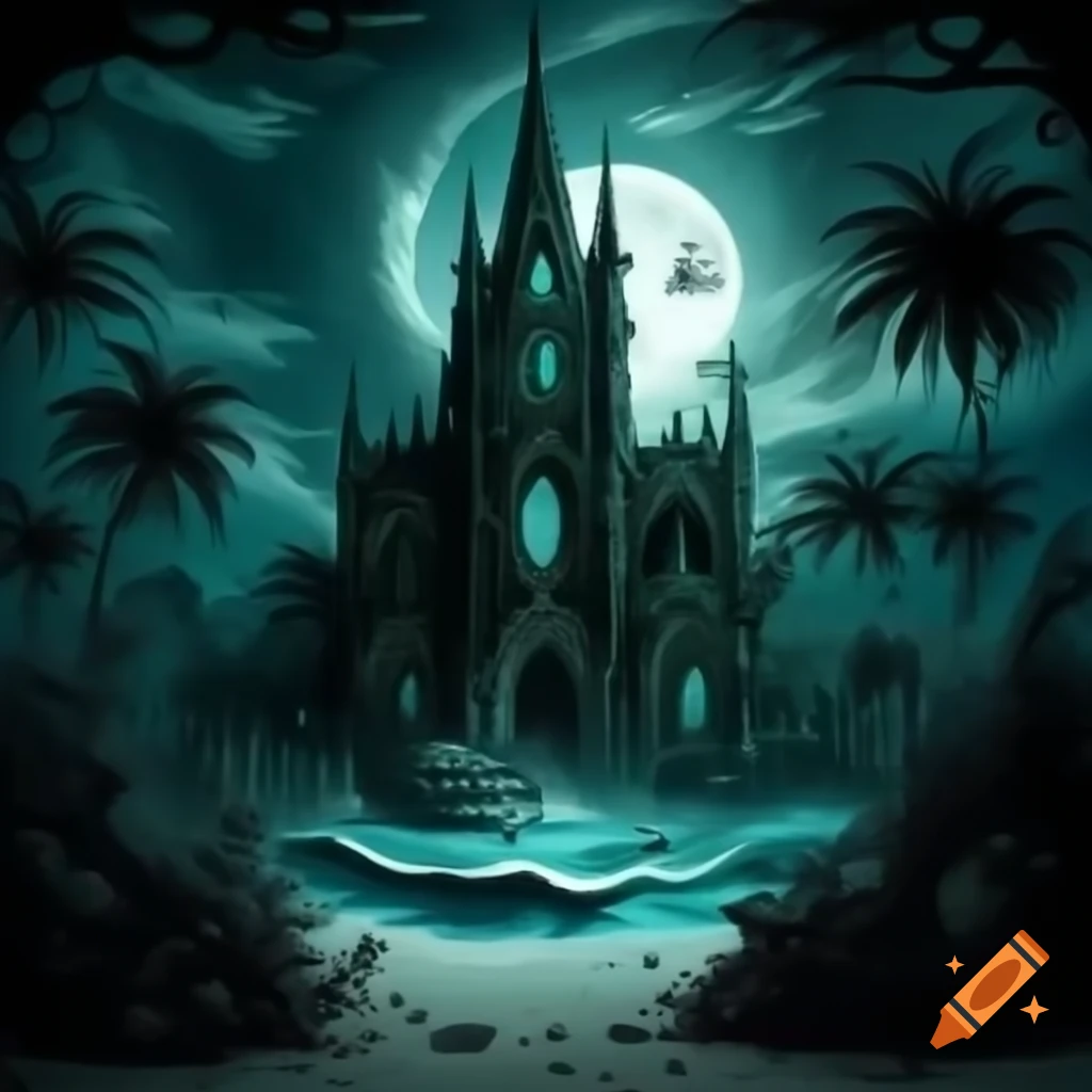 Gothic-inspired ink illustration of a moonlit beach with skeletal palm trees