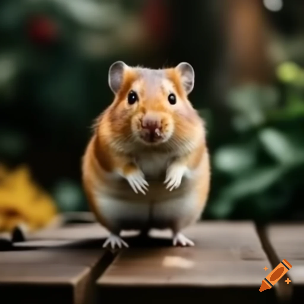 Hamster on a table in a garden setting