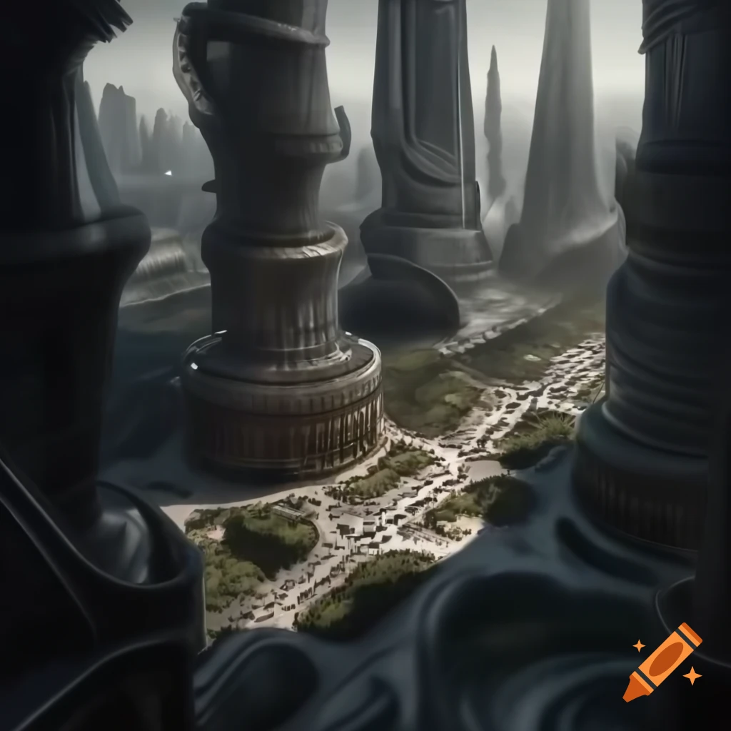 Futuristic cityscape with intricate skyscrapers in baroque style