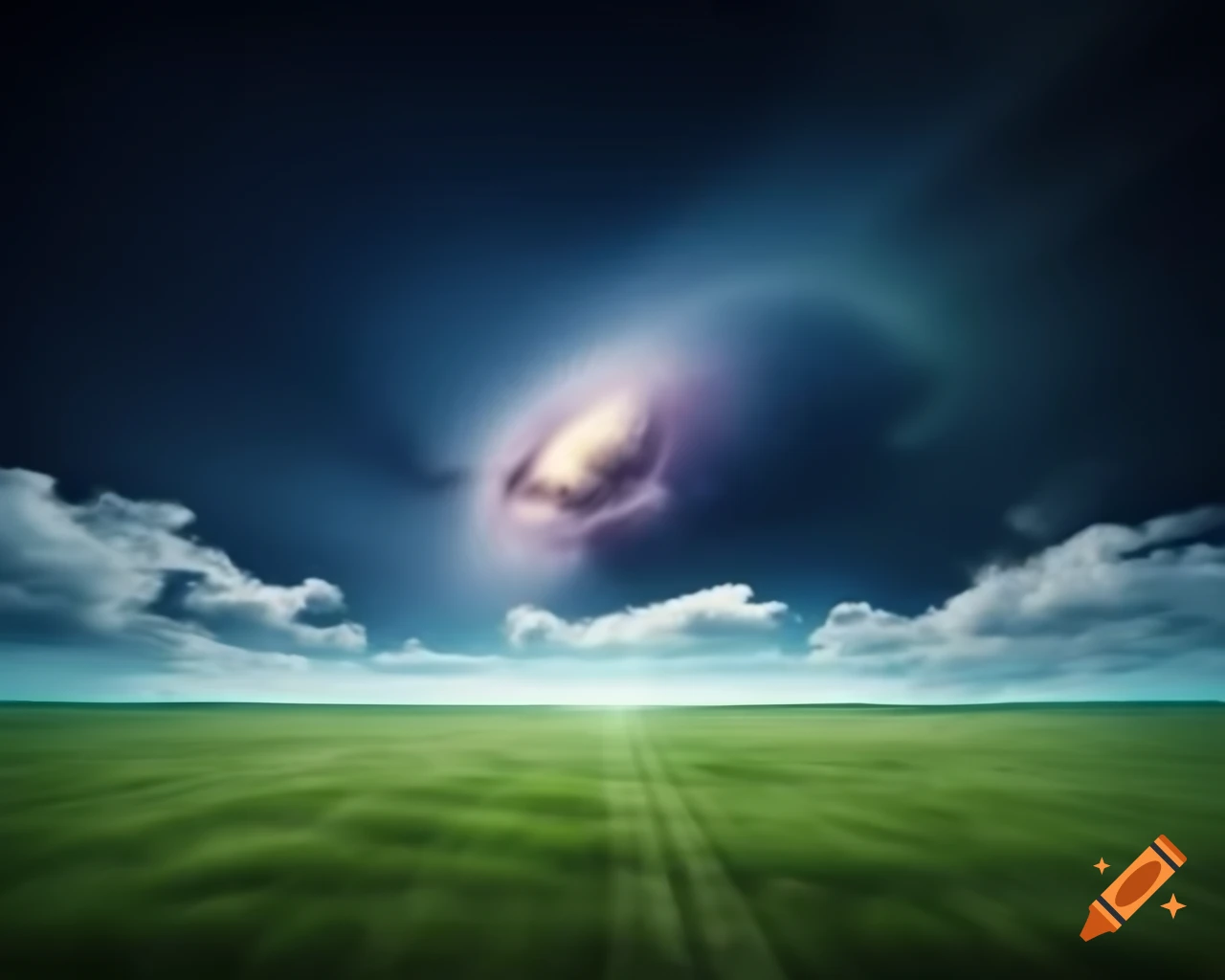 Panoramic view of open field in photorealistic 3D render with clouds