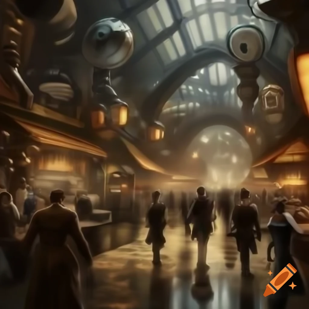 Bustling steampunk marketplace in alternate Victorian era with steam and clockwork technology