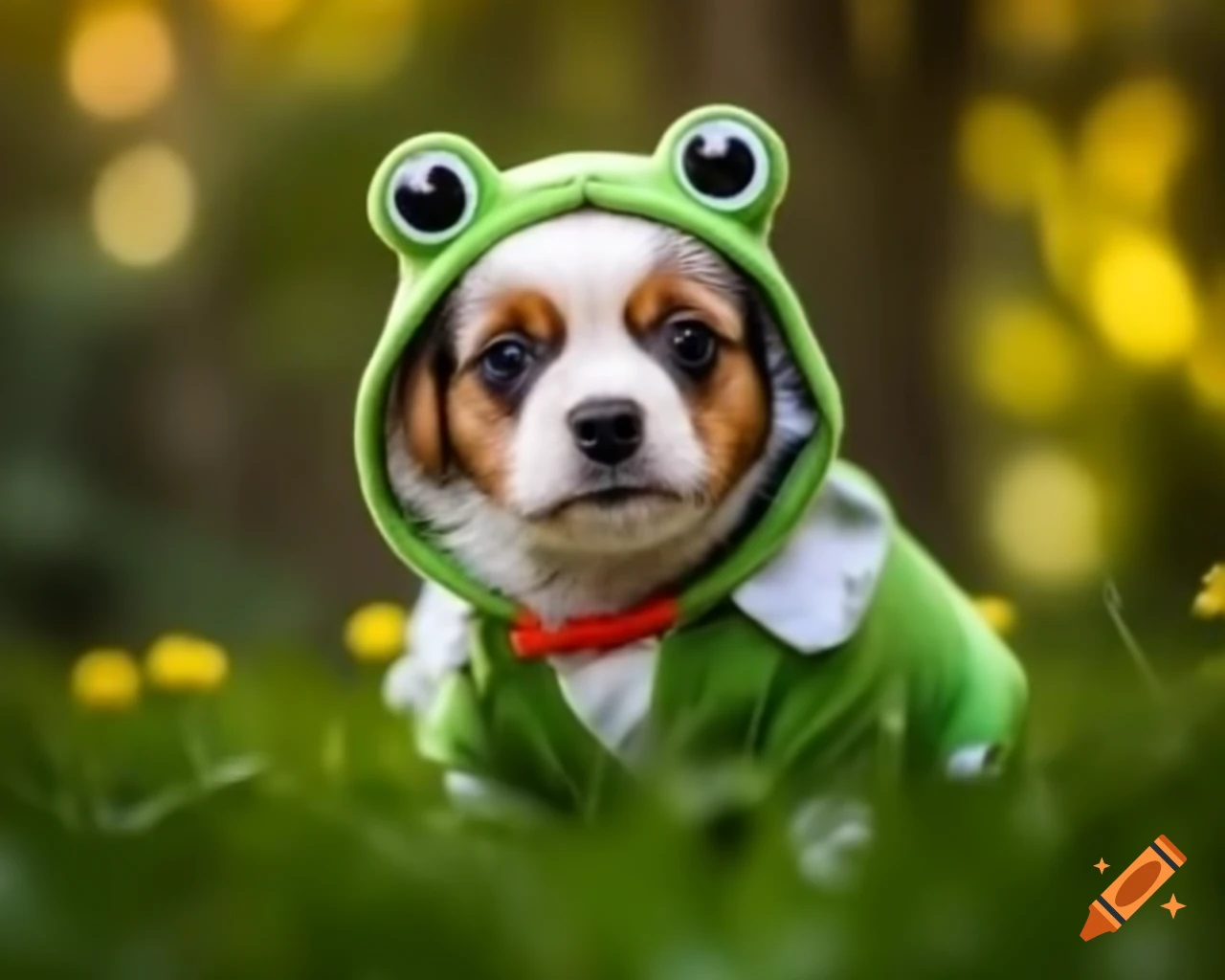 Adorable puppy in frog costume, happy and cute