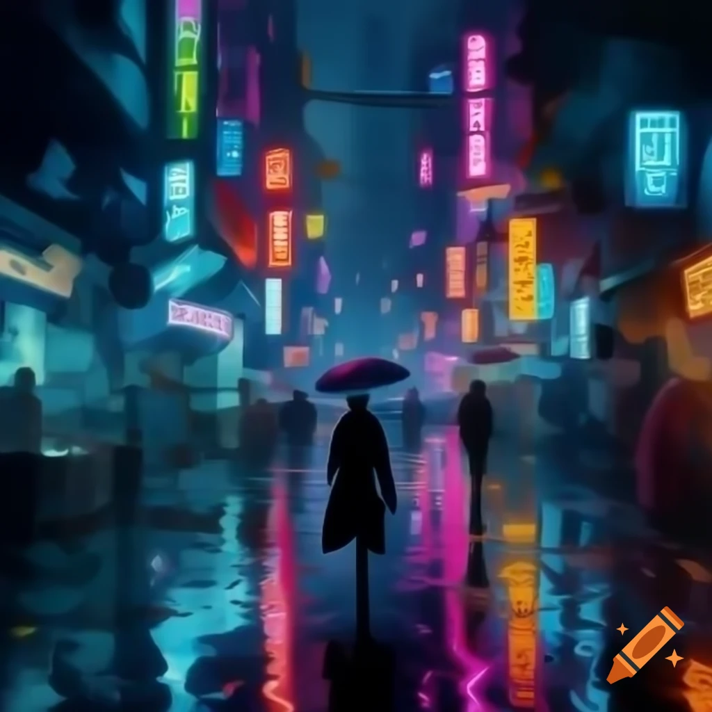 Bustling cyberpunk street with neon signs and digital rain at twilight