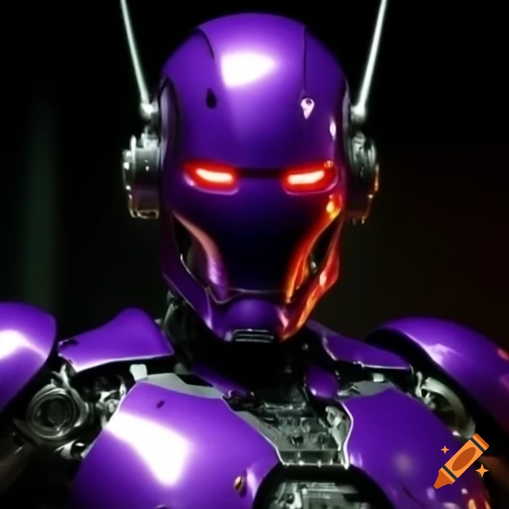 Purple and silver metal Ultron fused with sentinel, glowing red eyes and silver fins