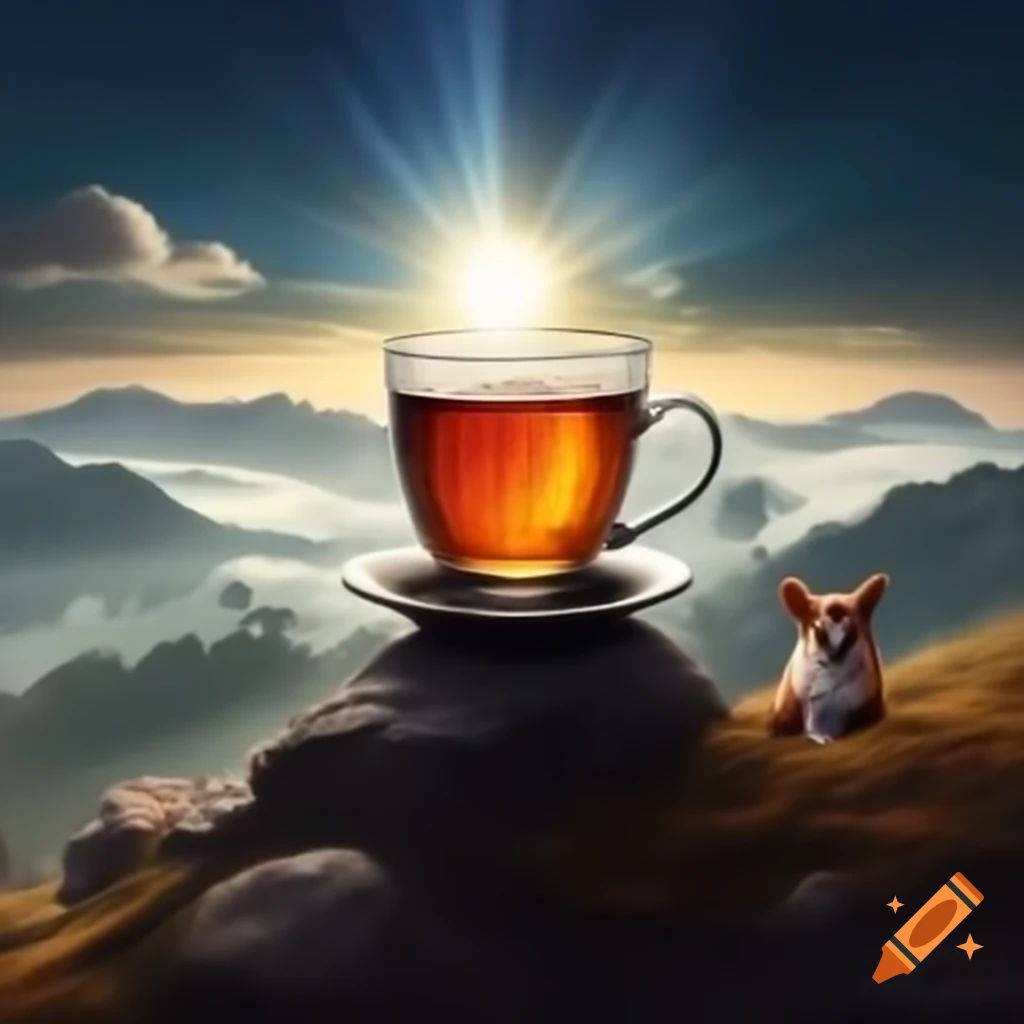 Cup of tea illuminated by sunlight on mountain with corgi nearby