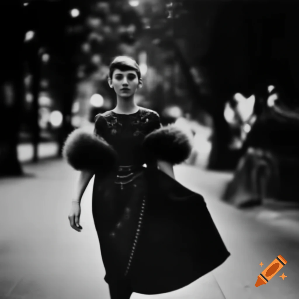 Young woman in luxurious evening dress with fluffy sleeves walking in Goiania