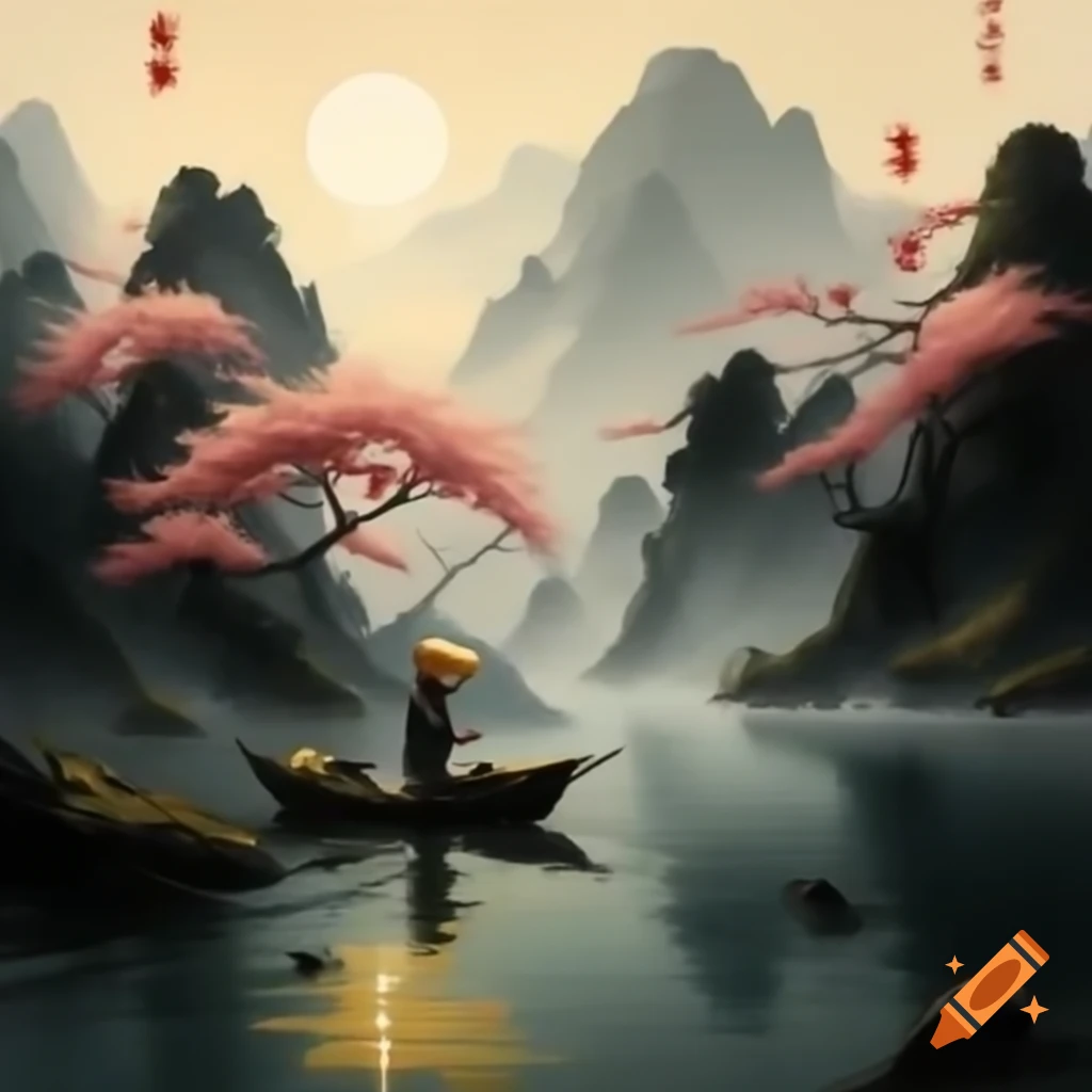 Chinese ink painting of mountain and fishing boat at sunset