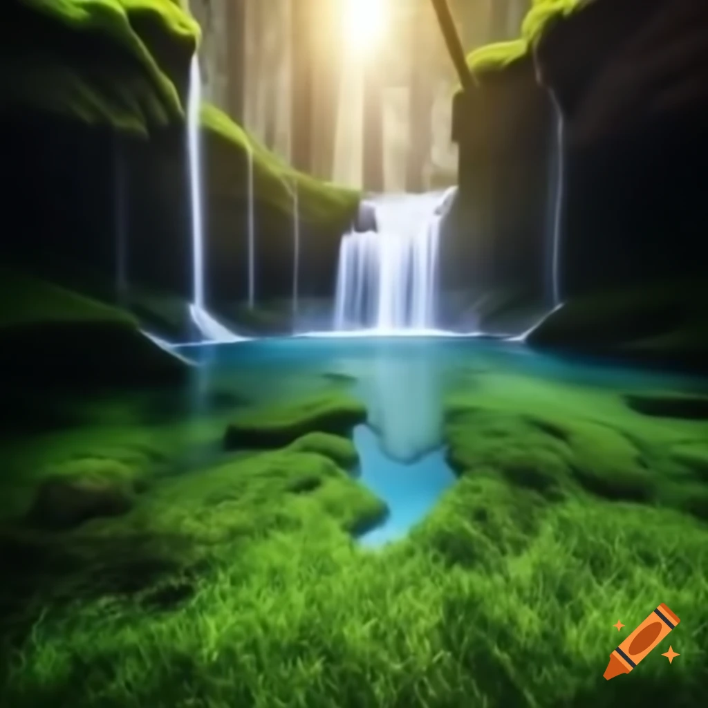 Enchanted forest grove with rushing water and tall grass