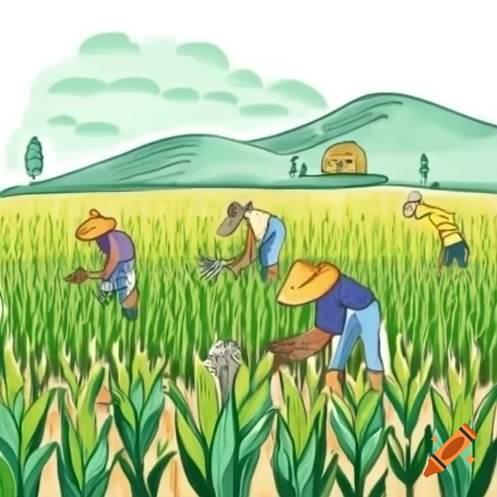 Farmers working in cornfield on hillsides