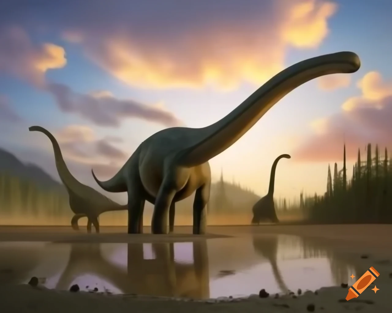 Two small Stegosaurus in front of a Diplodocus in muddy flat during golden hour
