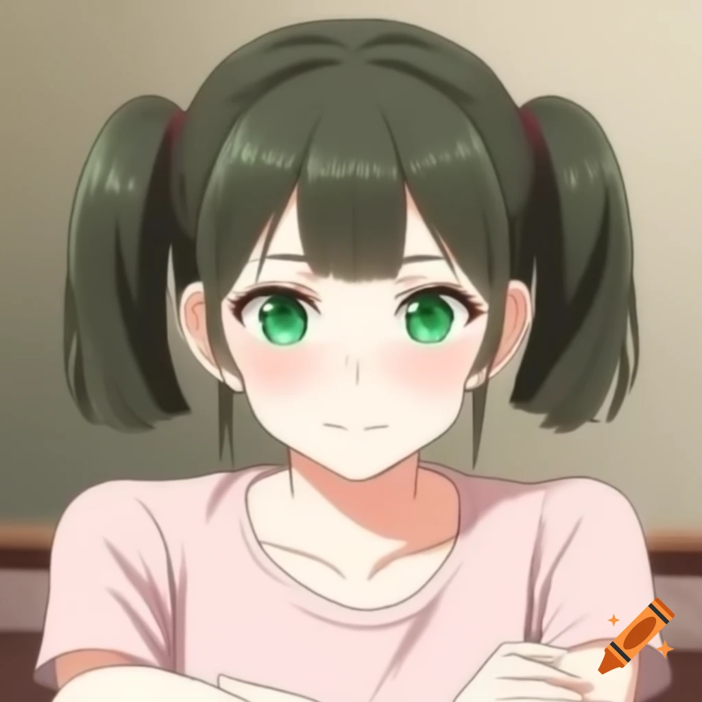 Anime girl with blonde hair and dark emerald green eyes, wearing a pink sleeveless t-shirt