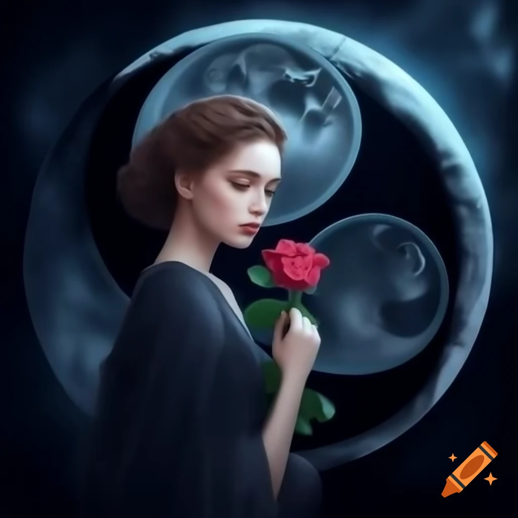 Young woman with rose in dark dress under moonlight, photorealistic style
