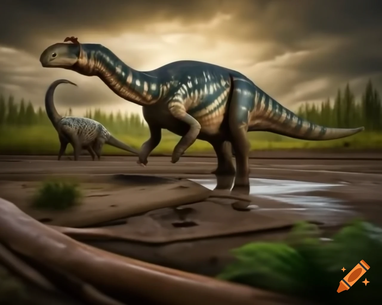 Striped Hadrosaurus roaming by stream in mudflat with ferns and driftwood