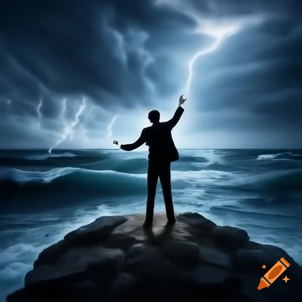 Orchestra conductor with baton on podium overlooking stormy ocean
