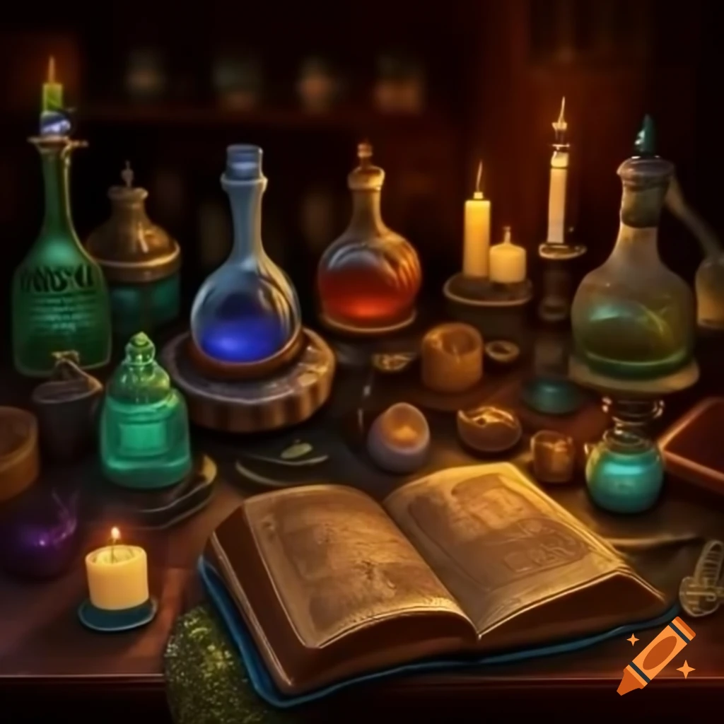 Table displaying potion bottles, candles, and spell book