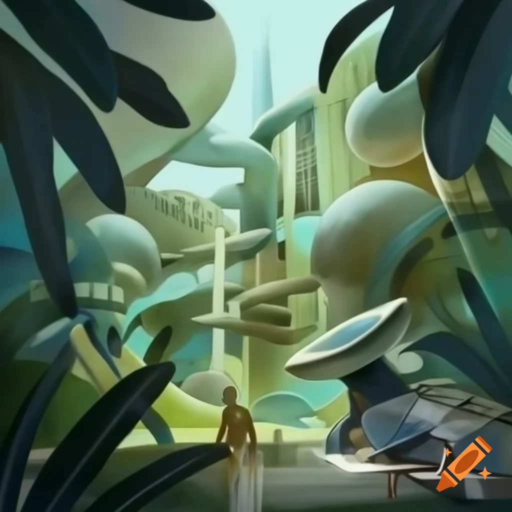 Abstract art of futuristic time travelers in the Garden of Eden with exotic flora