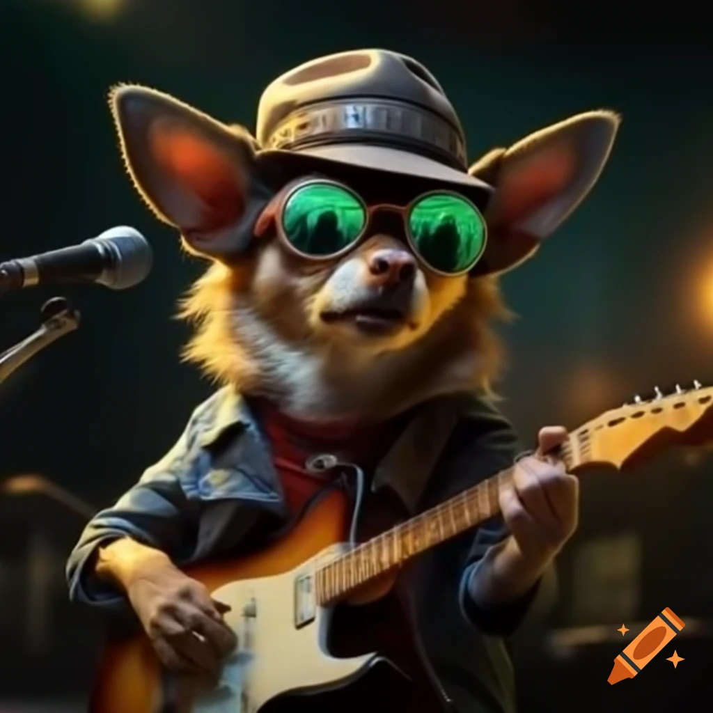 Chihuahua lead singer with guitar and aviator glasses in a Lovecraftian rock scene