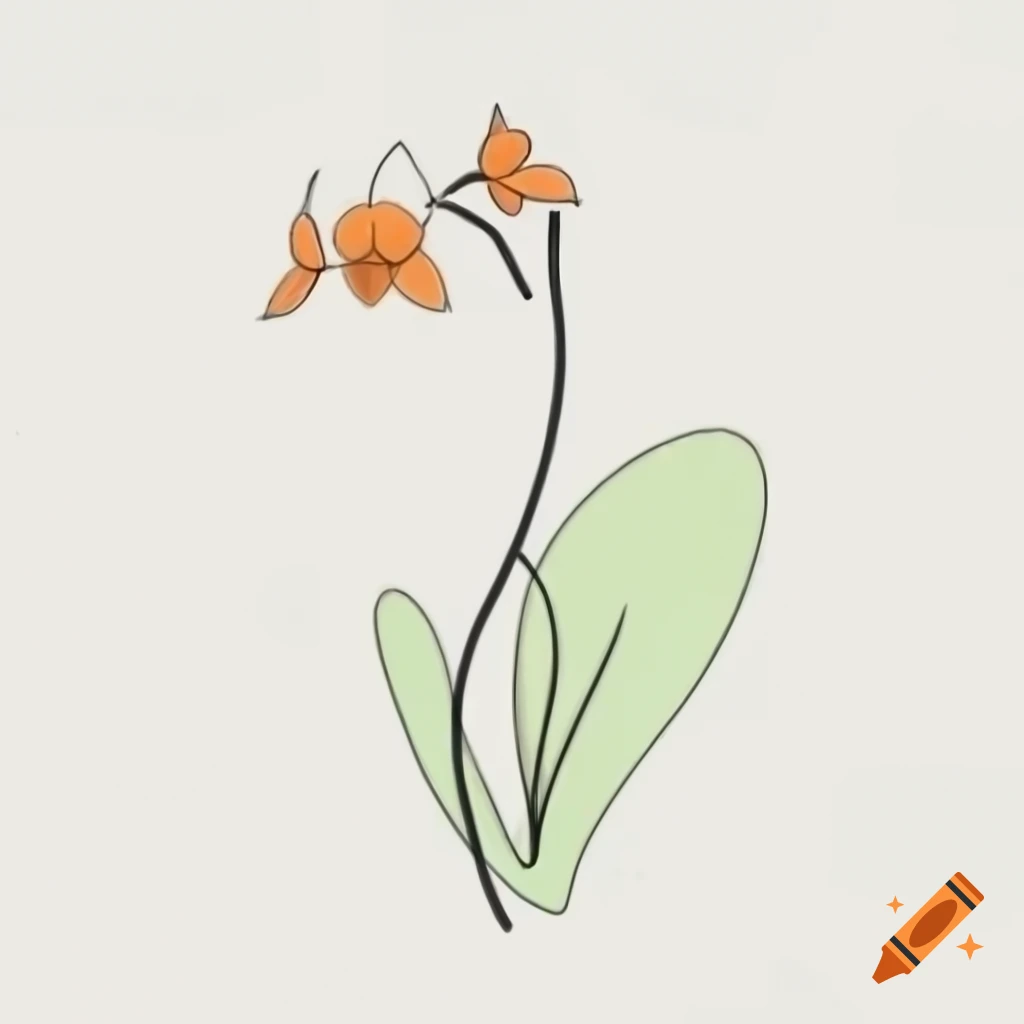 Minimalist black line drawing of an orchid in orange and green