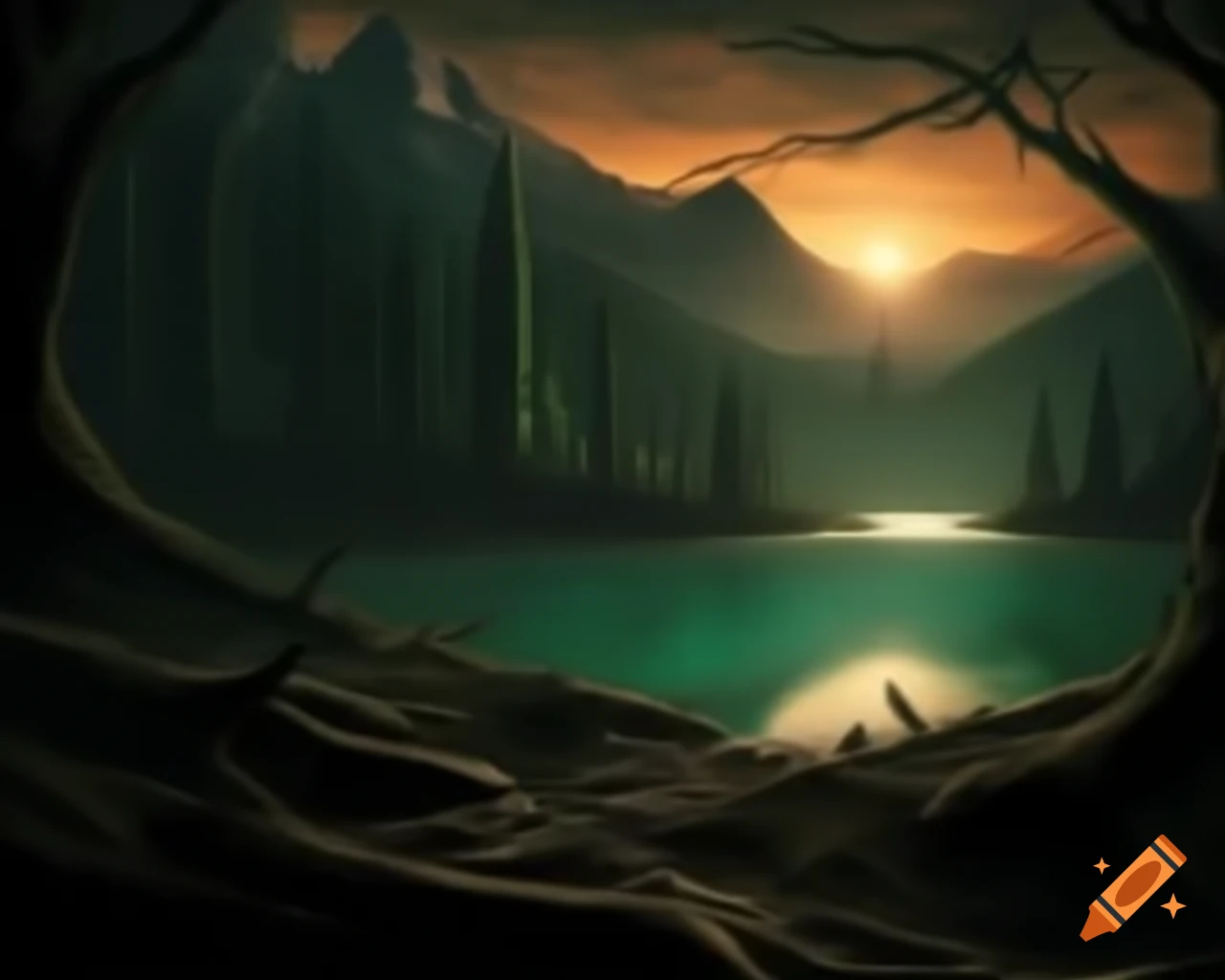 Tree monster in dark fantasy forest near mountain lake