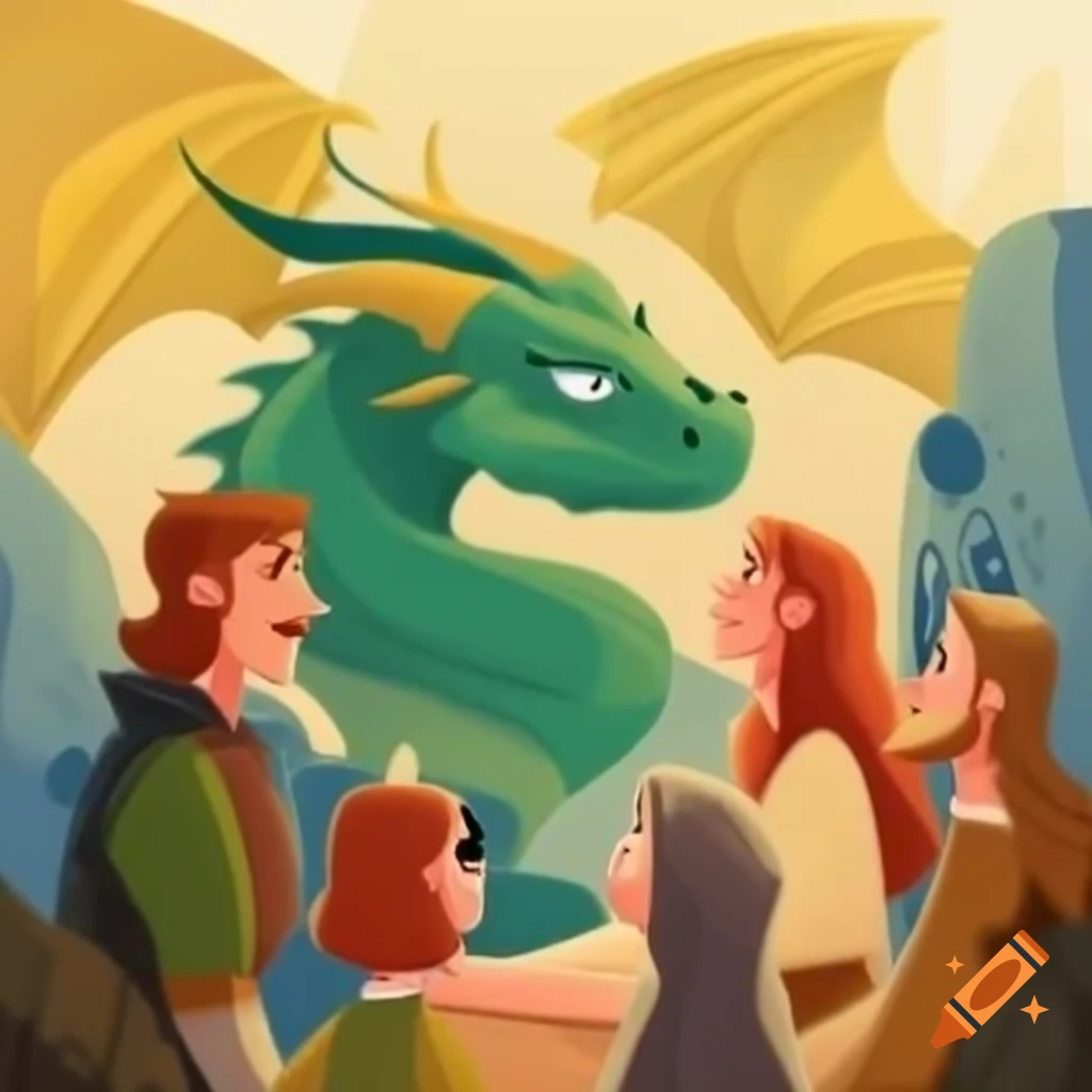 Dragon and medieval people interacting fearlessly