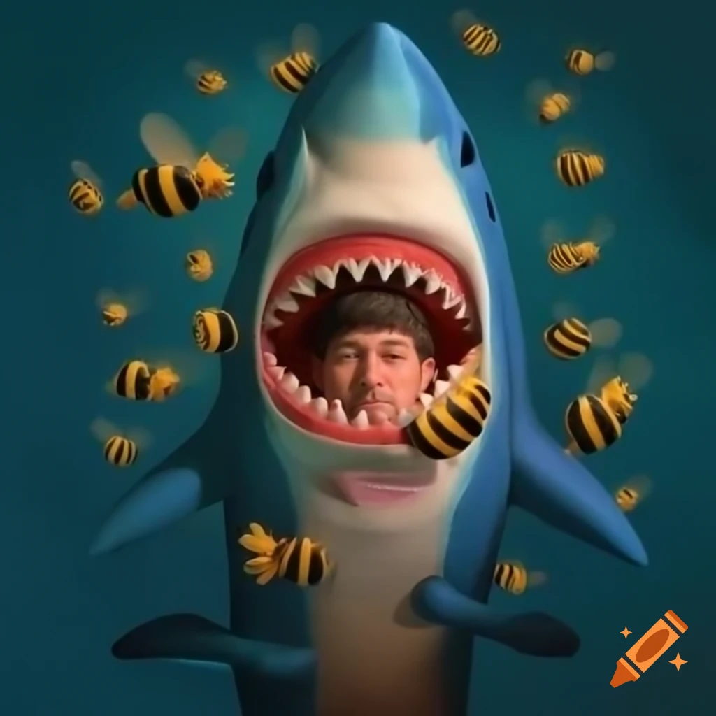 Man in shark costume surrounded by bees