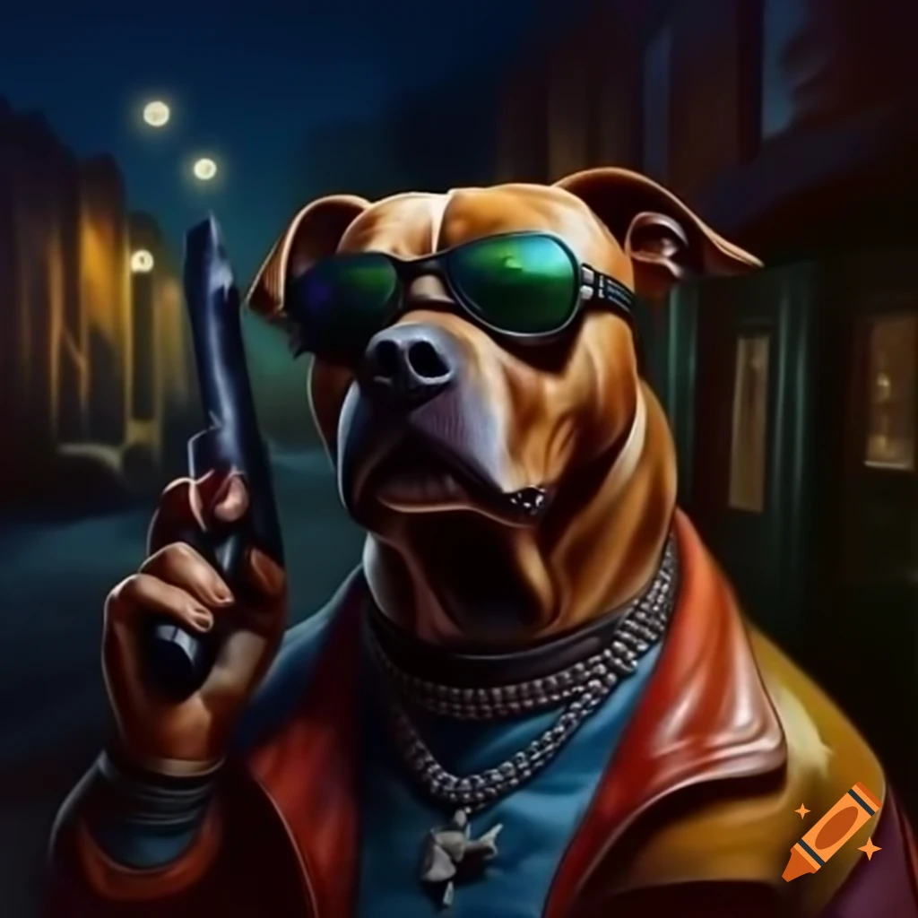 Dog in cool jacket and sunglasses, relaxing on street corner at night