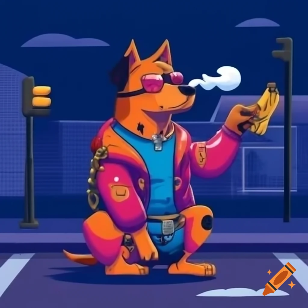 Dog In Cool Jacket And Sunglasses Relaxing On Street Corner At Night dog-in-cool-jacket-and-sunglasses-relaxing-on-street-corner-at-night