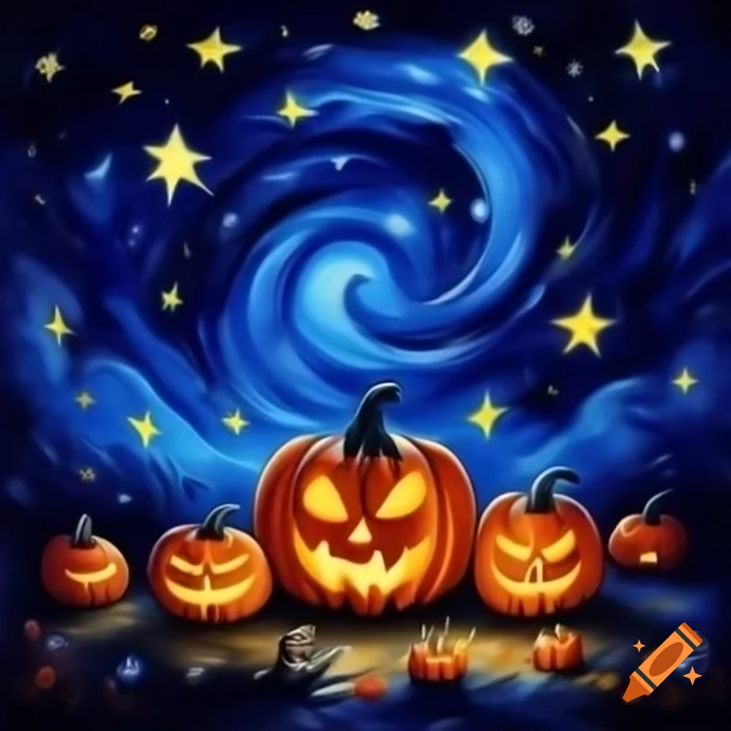 Starry night oil painting featuring pumpkins