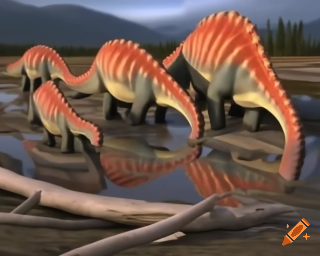 Striped Hadrosaurus roaming on mudflat with driftwood in British Columbia