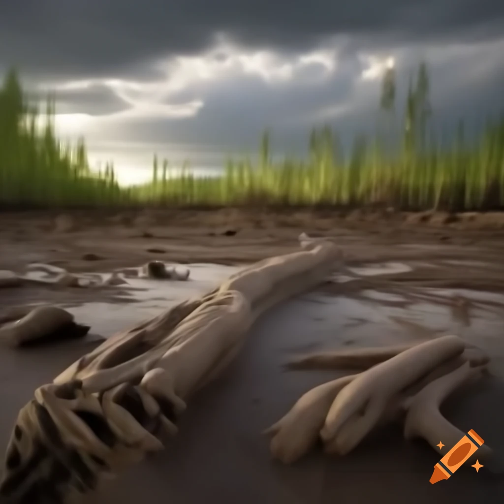 Striped Hadrosaurus in mudflat with ferns and driftwood in British Columbia