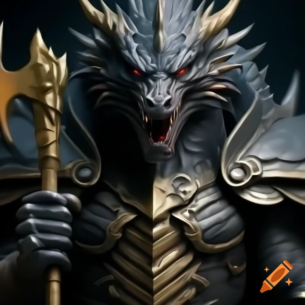 Powerful black dragon in armor wielding a golden axe