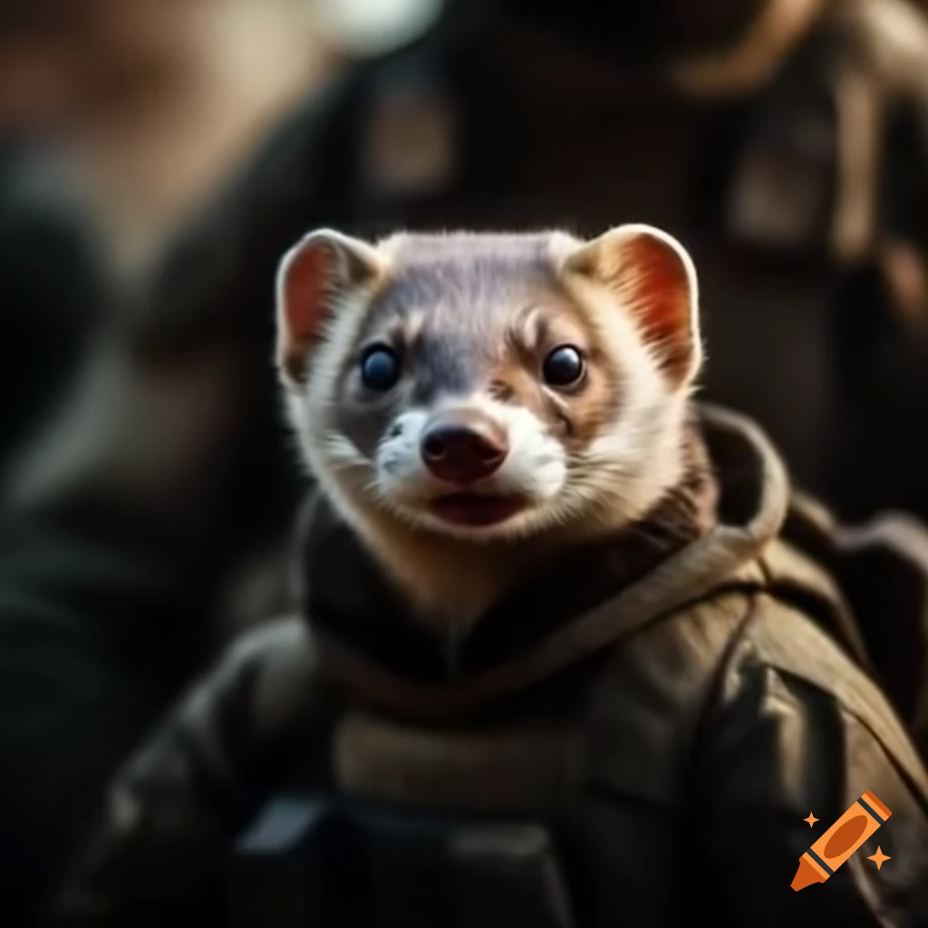European weasel wearing Ukrainian tactical military uniform and laughing