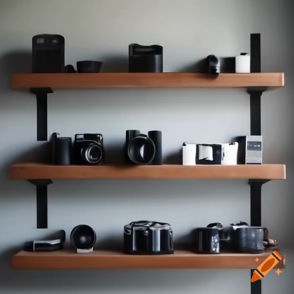 Photography equipment including cameras, lenses, and accessories on shelves