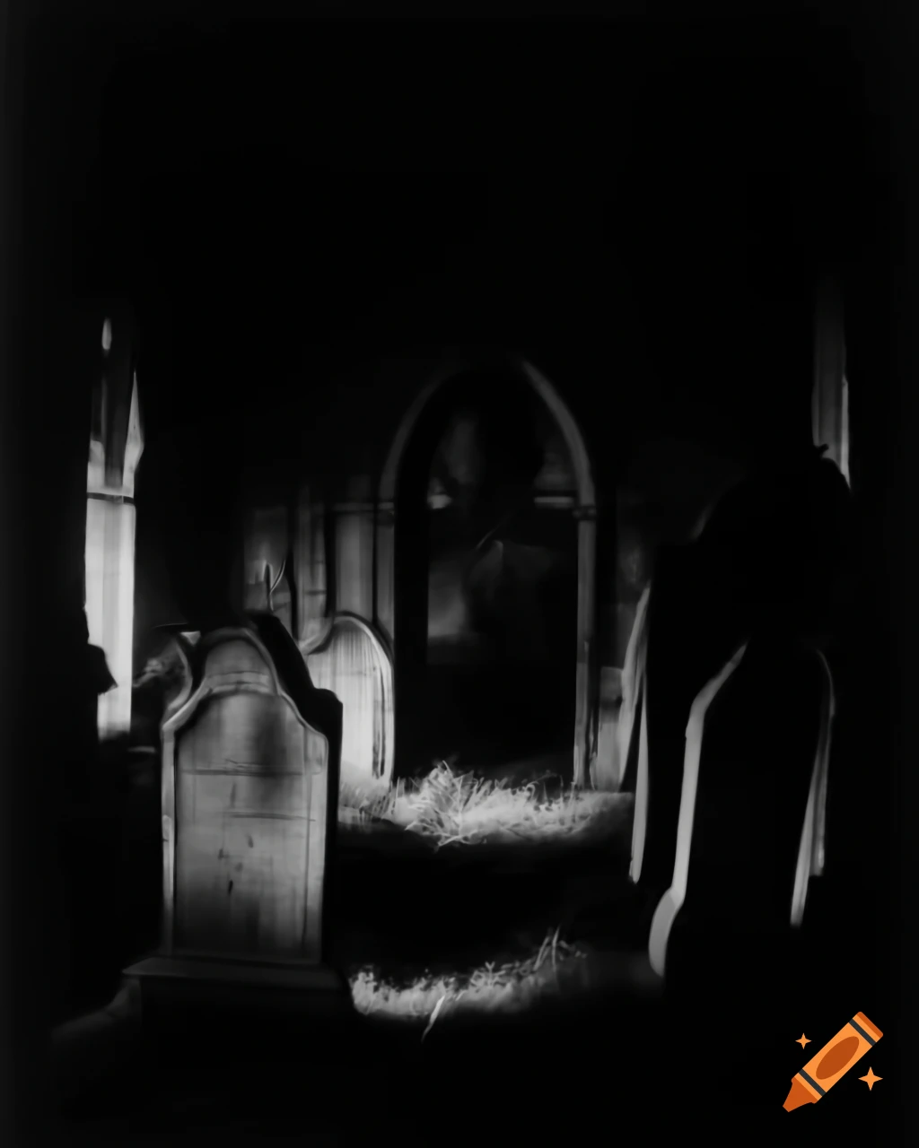 Haunted graveyard with silhouette lighting in German expressionism style