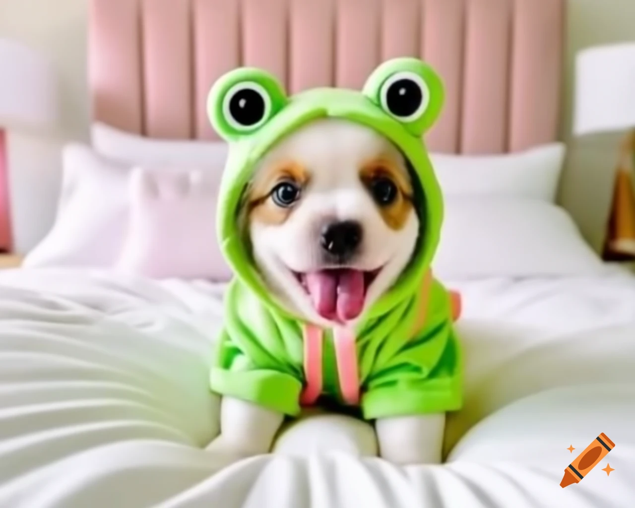 Cute puppy in frog costume with pastel colors in cozy bedroom
