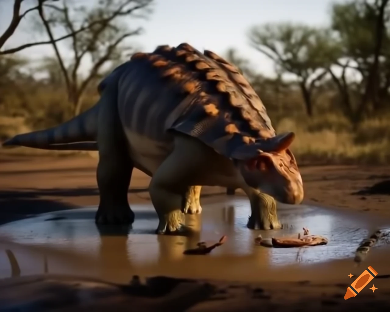 Ankylosaurus drinking from puddle in sunny clearing, surrounded by bushes