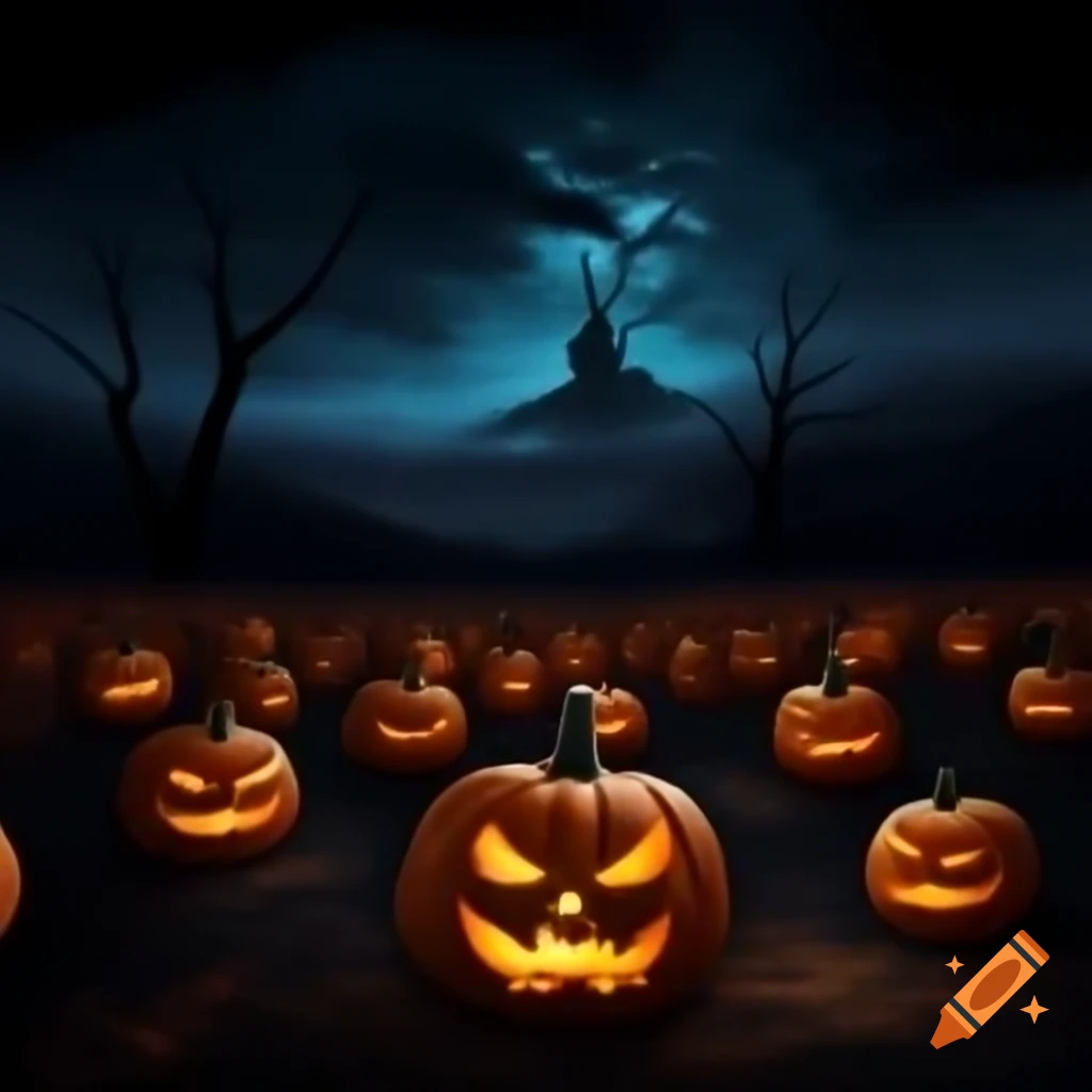 Dark landscape filled with Halloween pumpkins